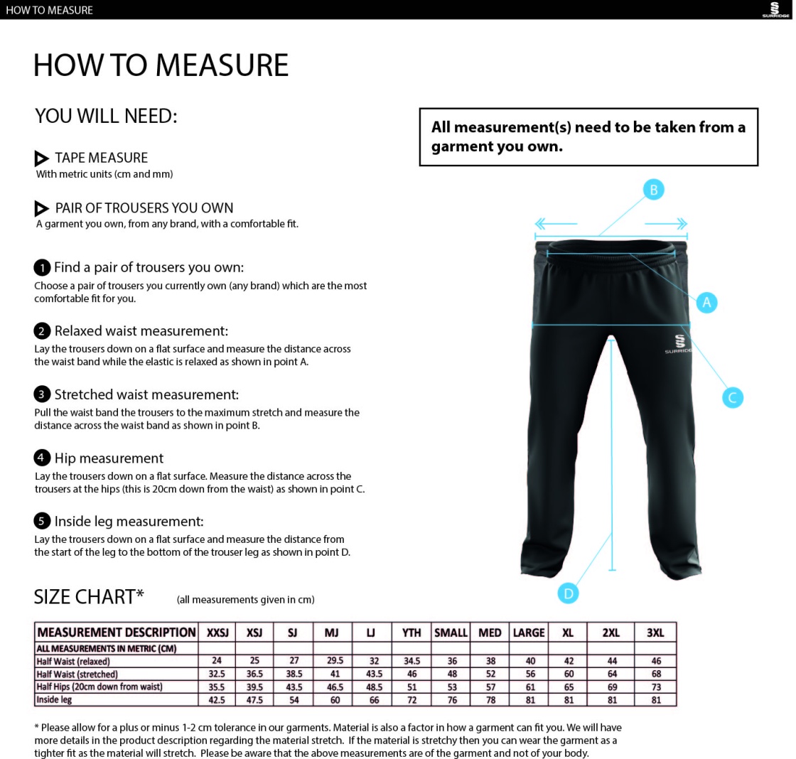 Wickford CC - Dual Poplin Track Pant - Unisex Fit - Size Guide