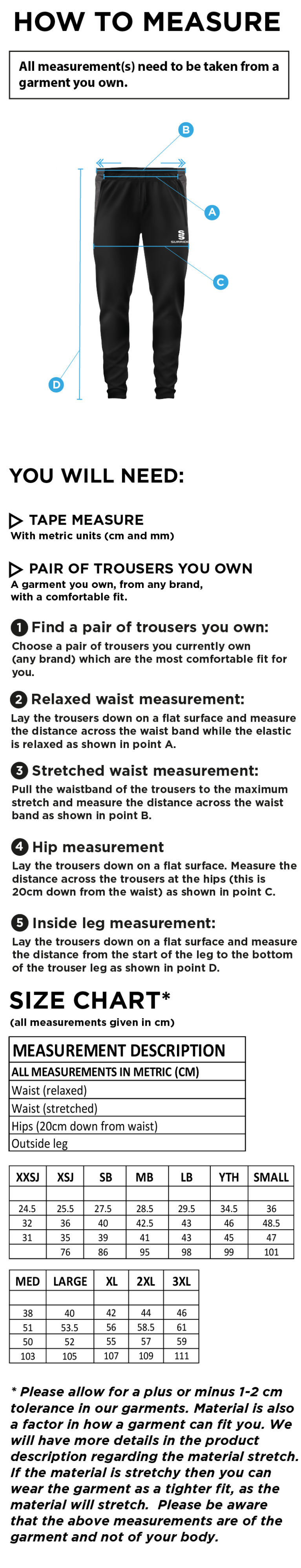 WICKFORD CC - Tek Slim Training Pants - Unisex Fit - Size Guide