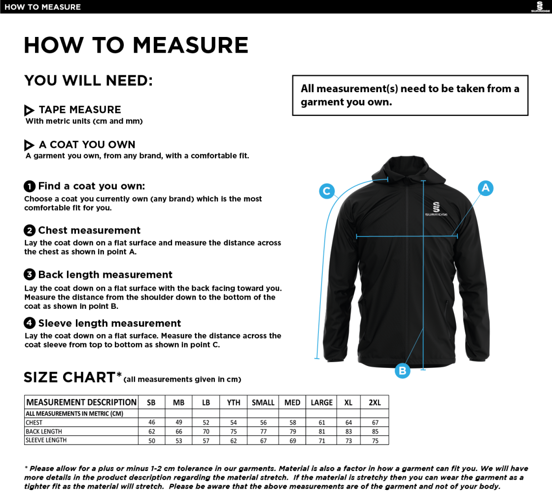 Wickford CC - Dual Elite 1/4 Zip Hoody / Rain Jacket - Unisex Fit - Size Guide