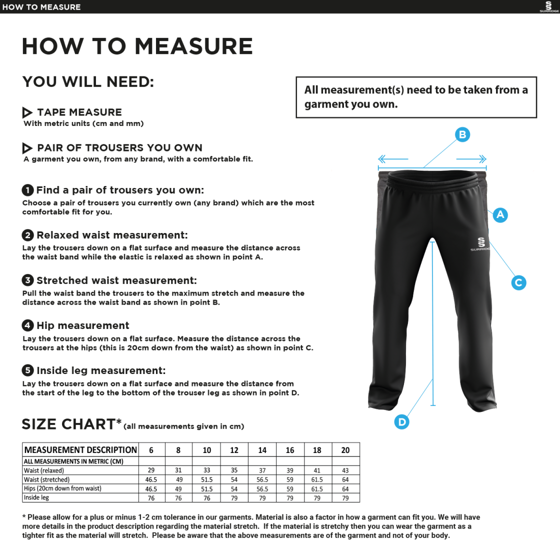 WICKFORD CC - Coaches - Poplin Track Pant - Women's Fit - Size Guide