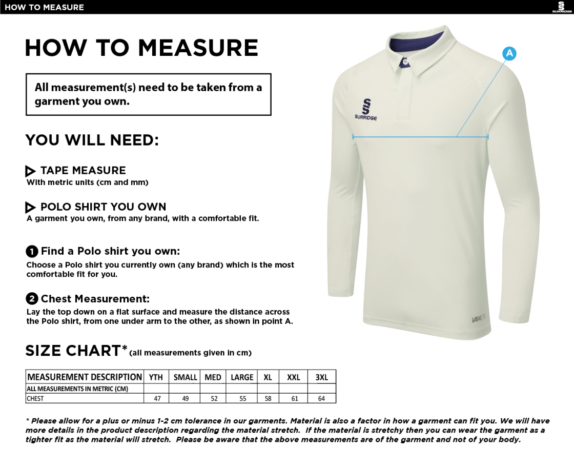 WICKFORD CC FUSE LONG SLEEVE CRICKET SHIRT - Mens/Juniors Fit - Size Guide