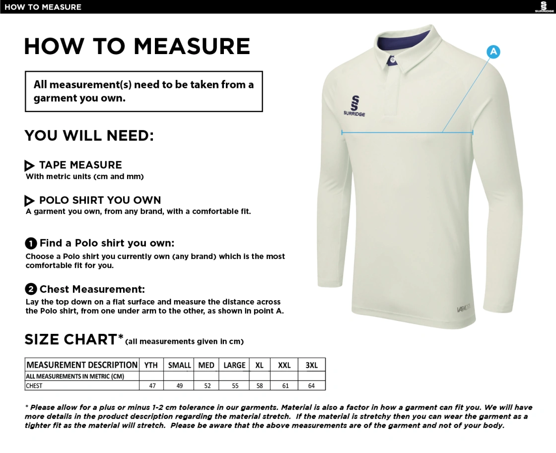 WICKFORD CC - Juniors - FUSE LONG SLEEVE CRICKET SHIRT - Size Guide