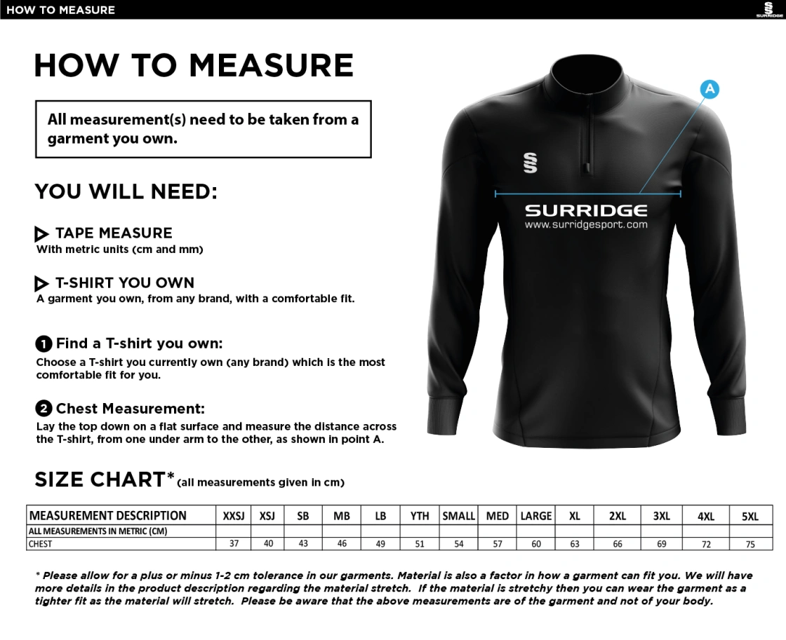 Wickford CC - 1/4 Zip Dual Performance Top - Unisex Fit - Size Guide