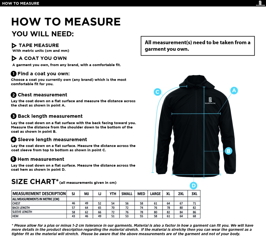 Wickford CC - Dual Elite 1/4 Zip Hoody / Rain Jacket - Unisex Fit - Size Guide