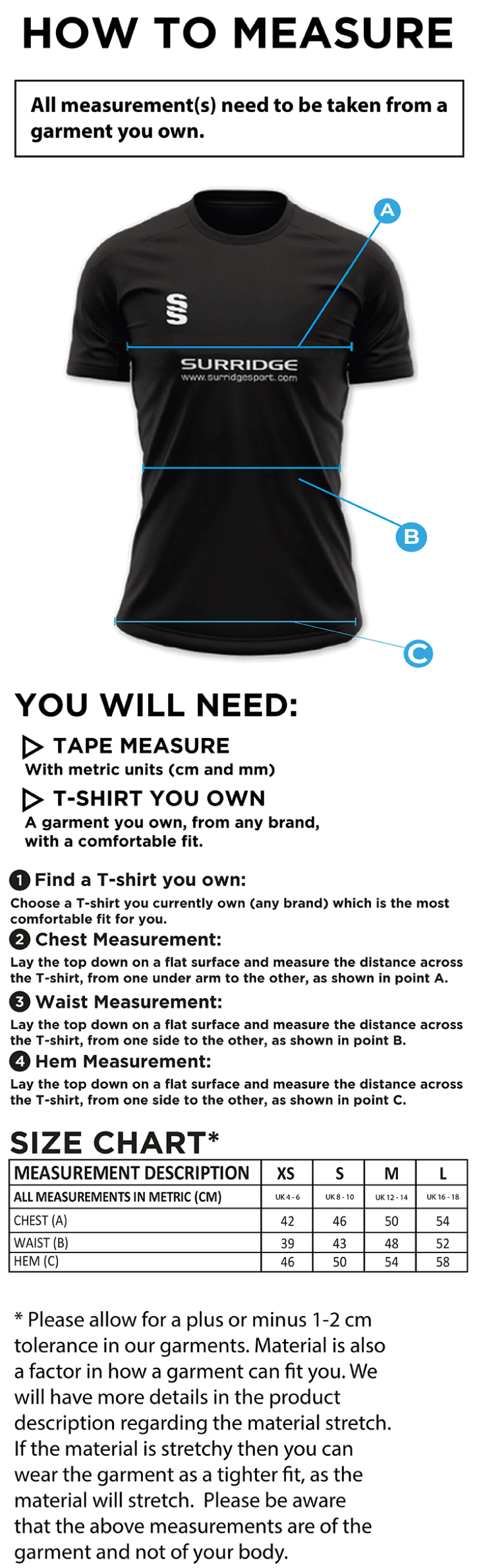 Wickford CC - Dual Games Shirt - Women's Fit - Size Guide