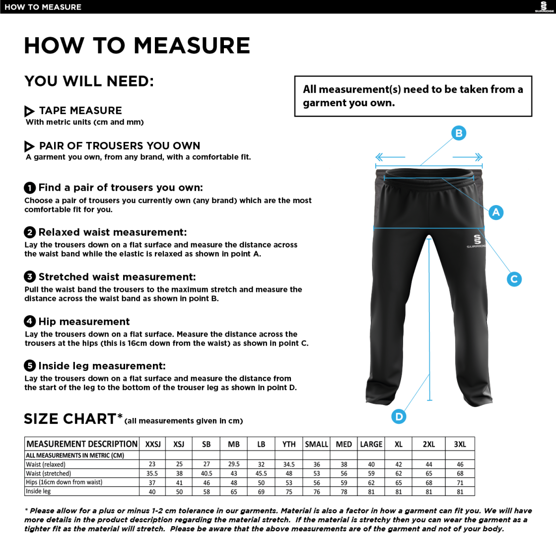 WICKFORD CC - Juniors - Poplin Track Pant : Black - Size Guide