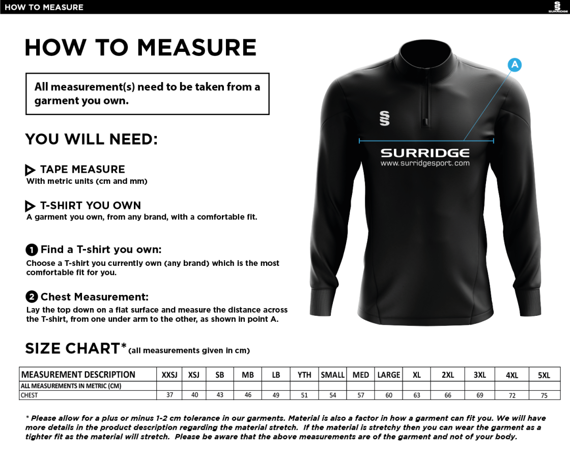 Wickford CC - 1/4 Zip Dual Performance Top - Unisex Fit - Size Guide