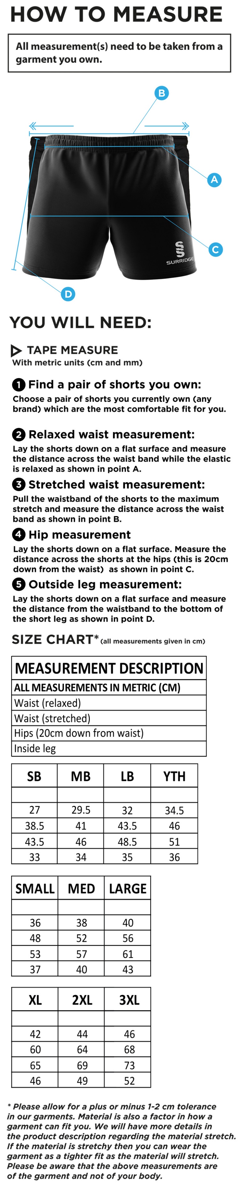 Wickford CC - Performance Gym Short - Unisex Fit - Size Guide