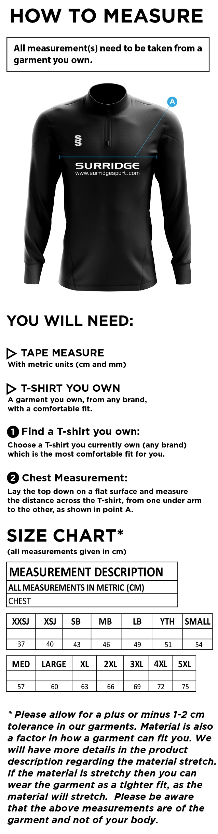 Wickford CC - 1/4 Zip Dual Performance Top - Unisex Fit - Size Guide