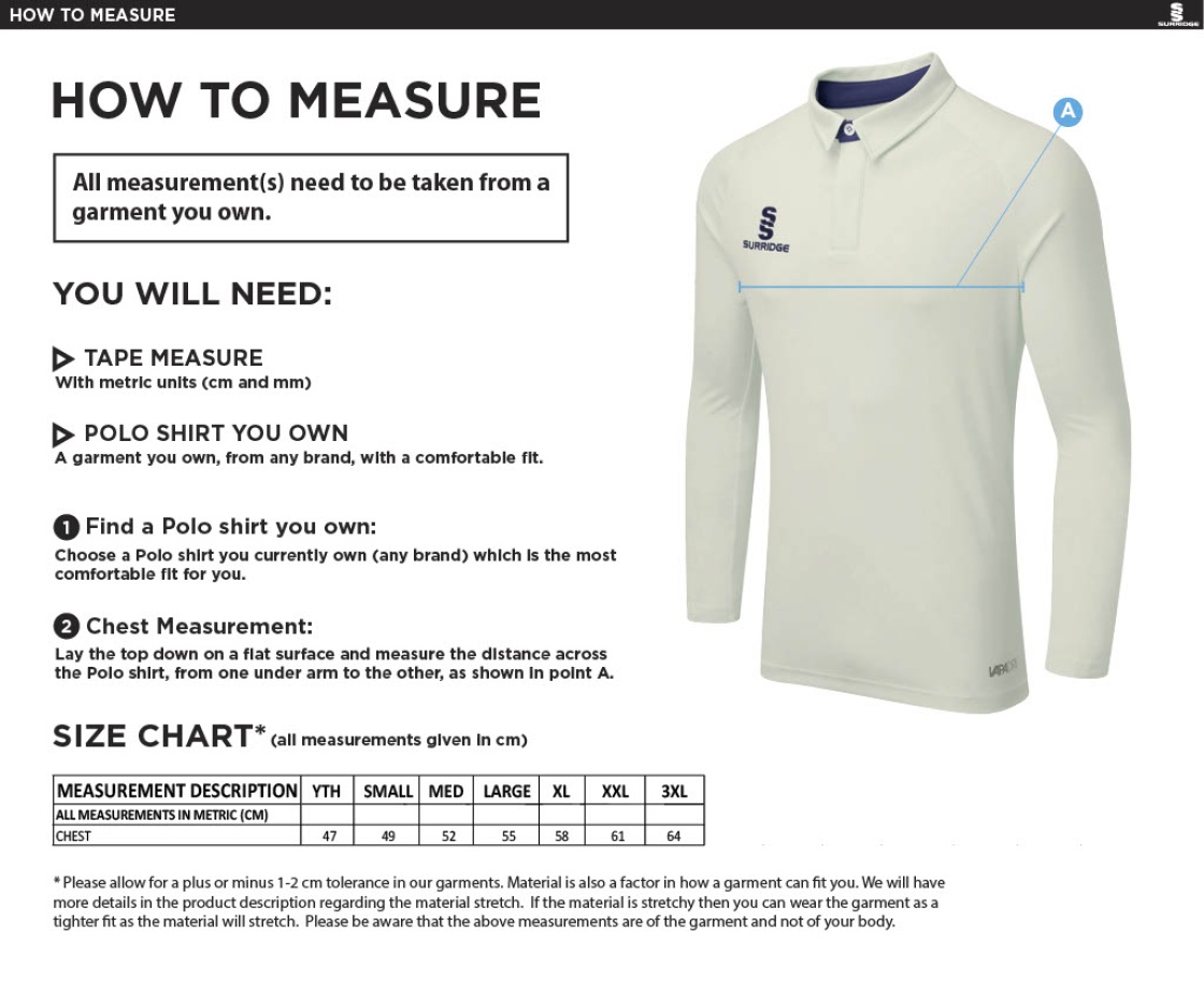 Wickford cc Dual Cricket Shirt Long Sleeve - Size Guide