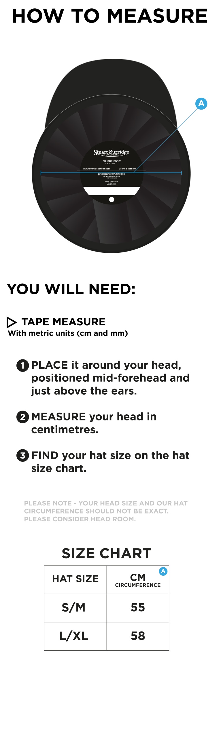 wickford cc Baggy Cricket Cap - Navy - Size Guide