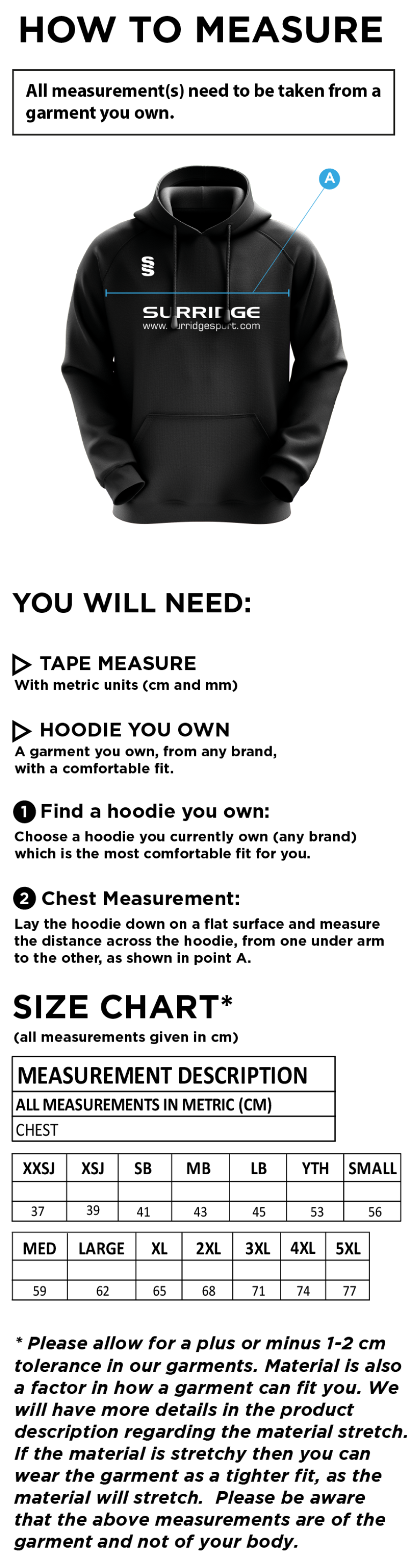 Wickforc CC - Fuse Hoody - Unisex Fit - Size Guide