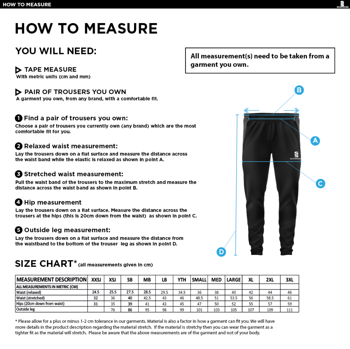 WICKFORD CC - Tek Slim Training Pants - Unisex Fit - Size Guide