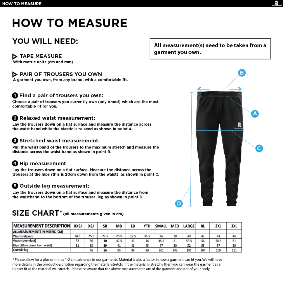 WICKFORD CC - Juniors - Tek Slim Training Pants - Size Guide