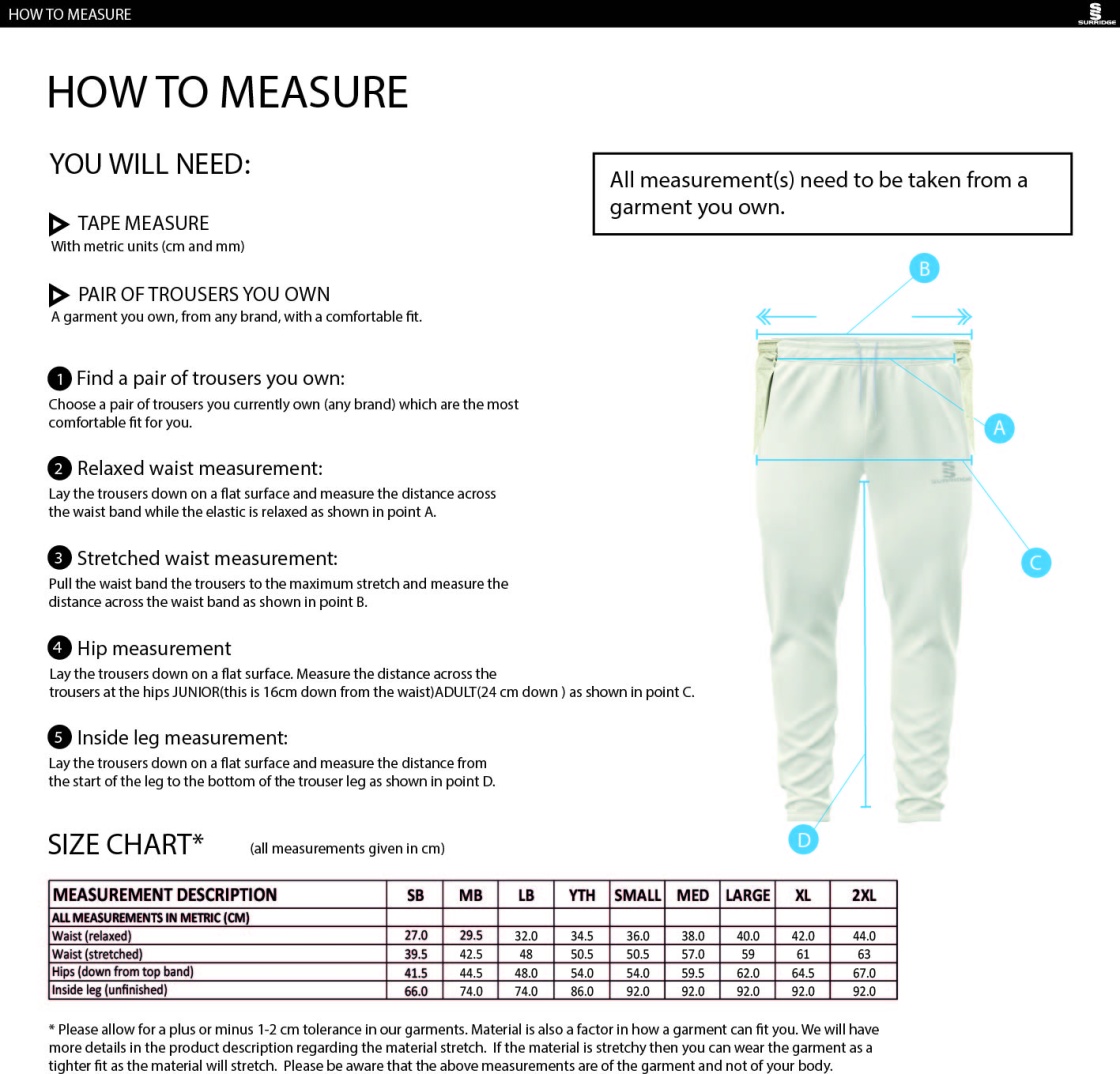 Wickford CC - Ergo Playing Pant - Mens Fit - Size Guide