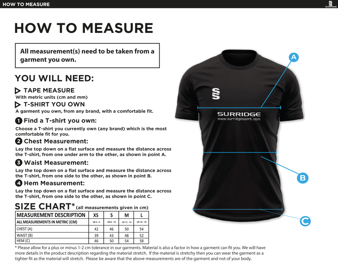 Wickford CC - Dual Games Shirt - Women's Fit - Size Guide