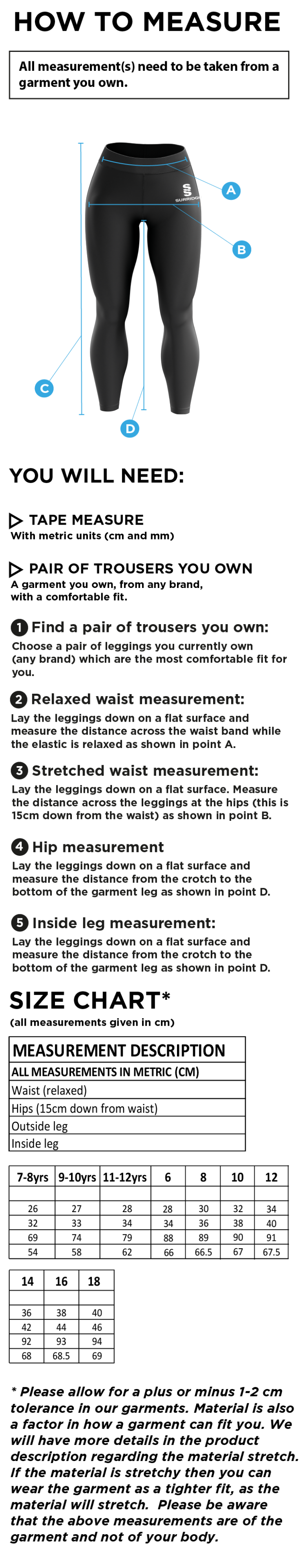 Wickford CC - Performance Full Length Leggings - Black - Size Guide