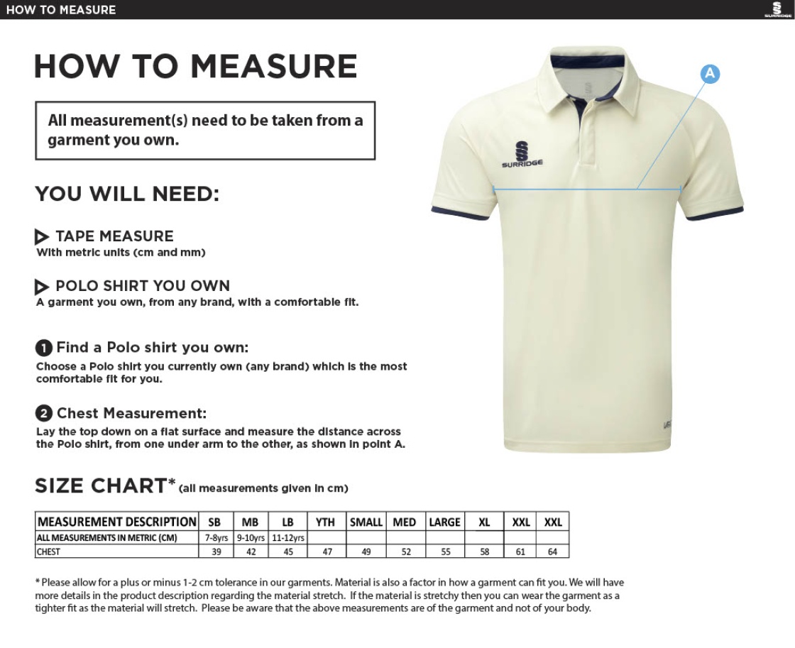 WICKFORD CC -  FUSE SHORT SLEEVE CRICKET SHIRT - Mens / Juniors - Size Guide