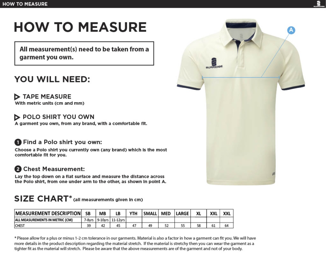 WICKFORD CC - Juniors - FUSE SHORT SLEEVE CRICKET SHIRT - Size Guide