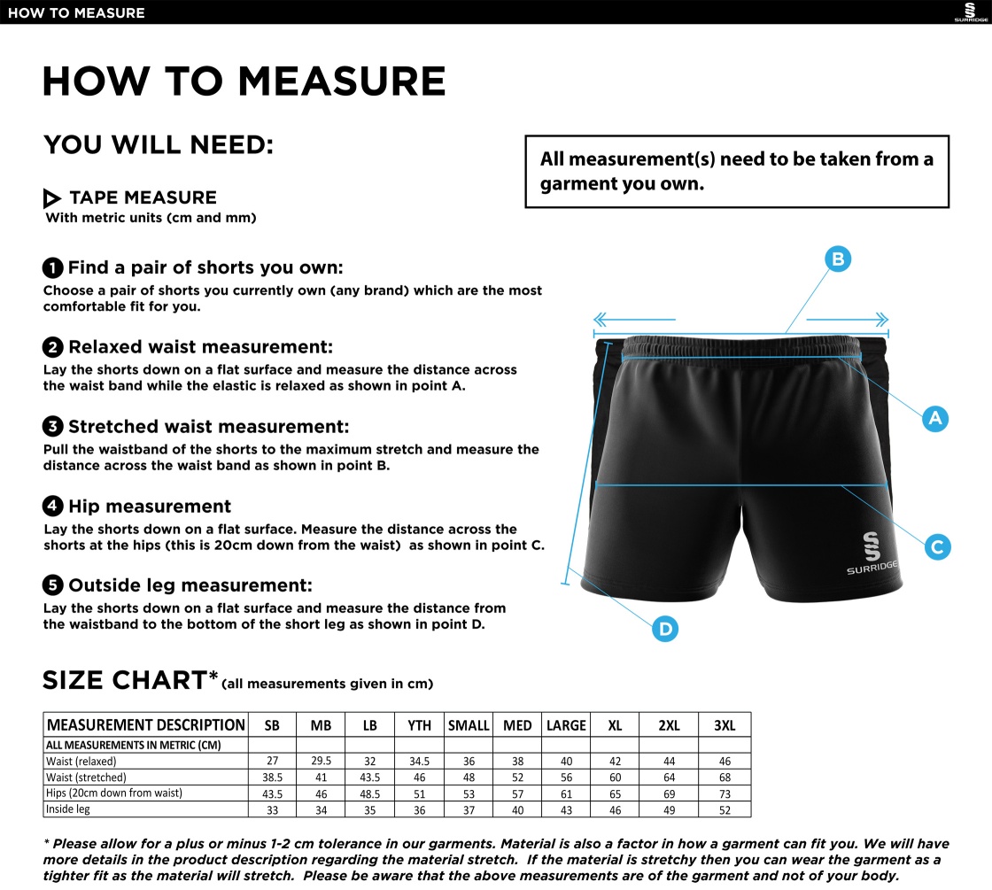 Wickford CC - Performance Gym Short - Unisex Fit - Size Guide