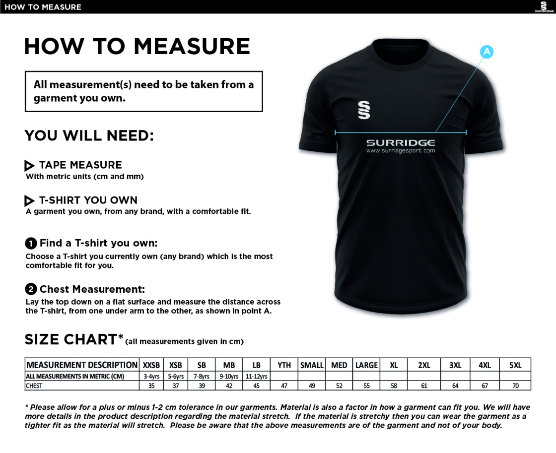 Wickford CC - Dual Training Vest - Black - Size Guide