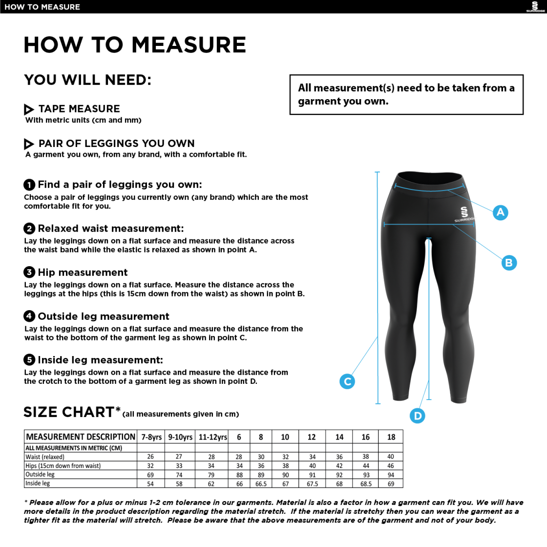 Wickford CC - Performance Full Length Leggings - Black - Size Guide