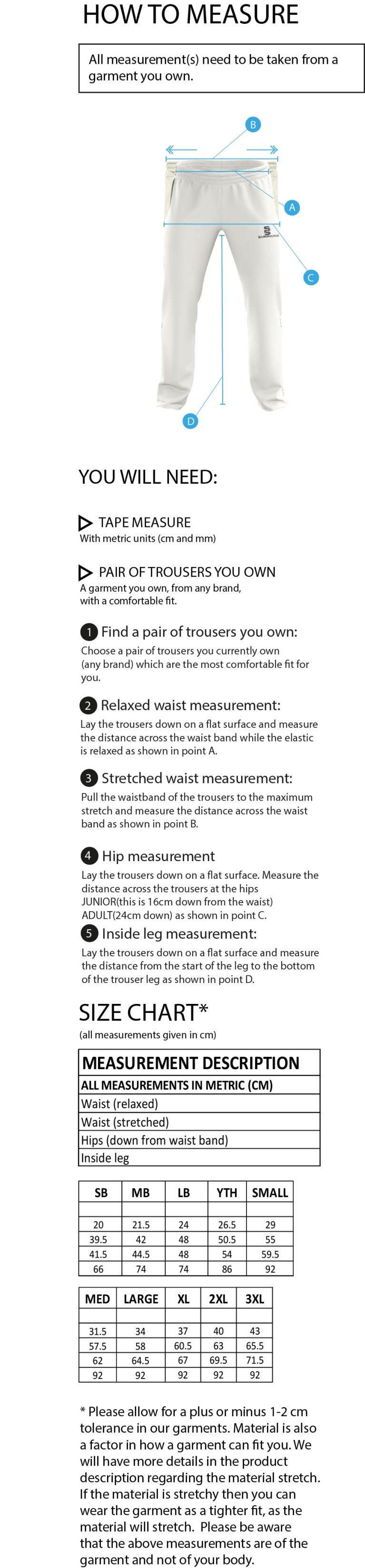 WICKFORD CC - Pro Playing Pant - Size Guide