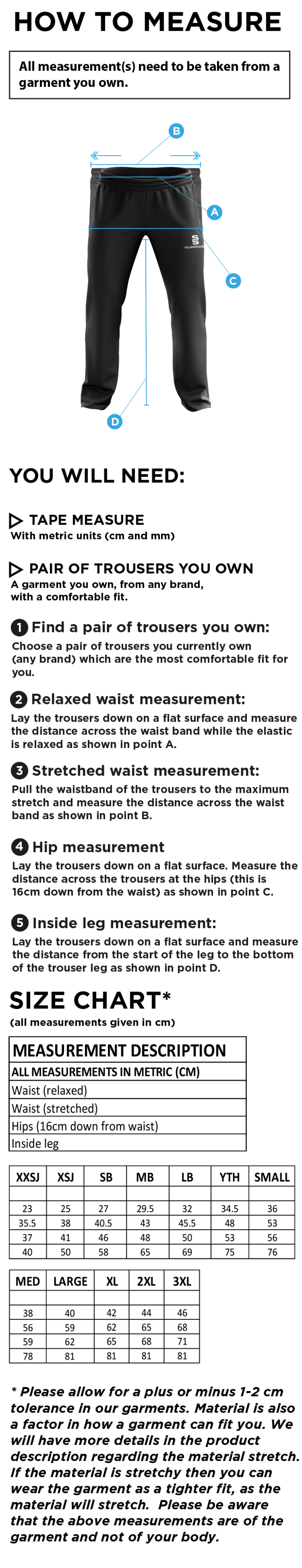 WICKFORD CC - Juniors - Poplin Track Pant : Black - Size Guide